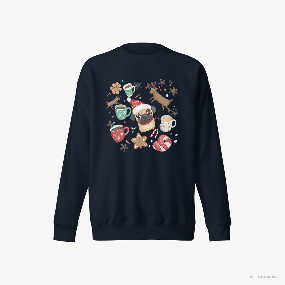 Pug Sweatshirt – Men Navy Sweatshirt Eco-Friendly – in a Merry Christmas Atmosphere (on White Background)