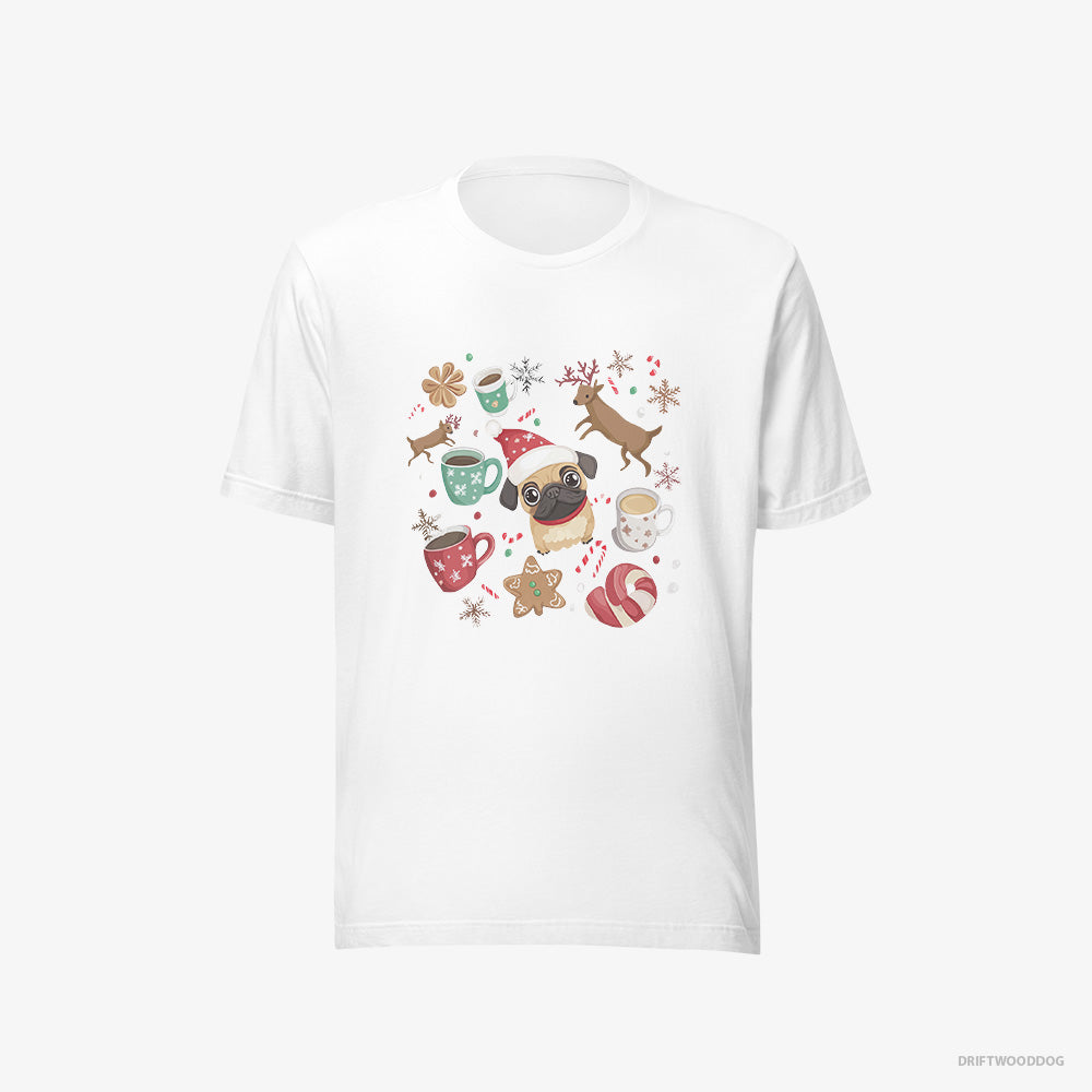 Pug T-Shirt – Women White T-Shirt Eco-Friendly – in a Merry Christmas Atmosphere (on White Background)