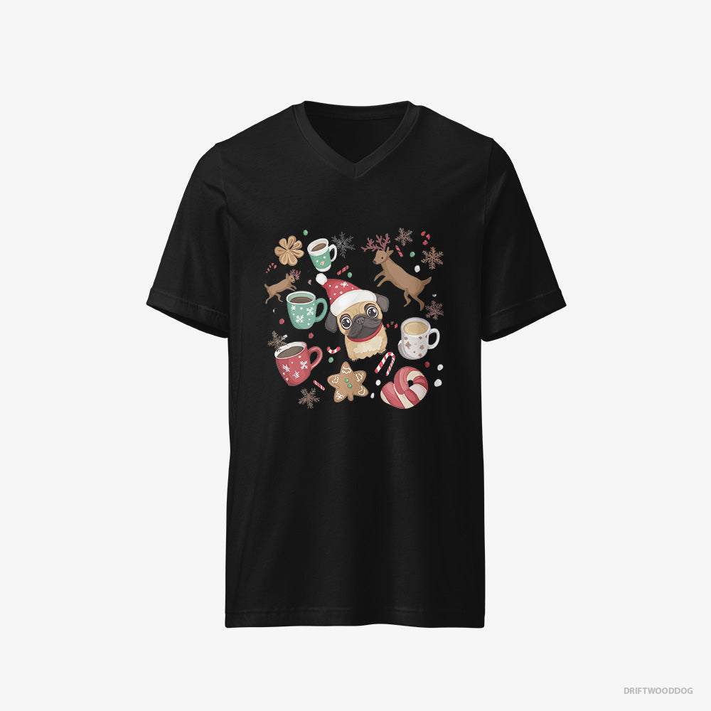 Pug T-Shirt – Men Black T-Shirt V-Neck – in a Merry Christmas Atmosphere (on White Background)