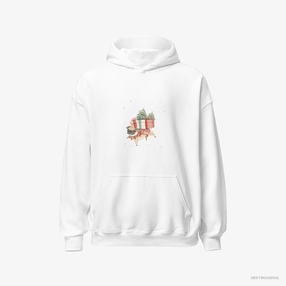 Pug Hoodie – Men White Hoodie Classic – Joyfully Carrying Presents for Christmas (on White Background)