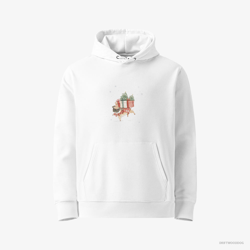 Pug Hoodie – Women White Hoodie Eco-Friendly – Joyfully Carrying Presents for Christmas (on White Background)