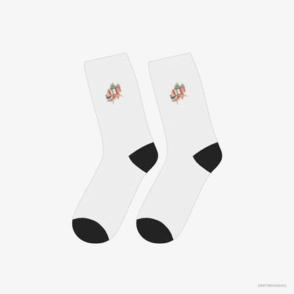 Pug Socks – Unisex White Socks Classic – Joyfully Carrying Presents for Christmas (on White Background)