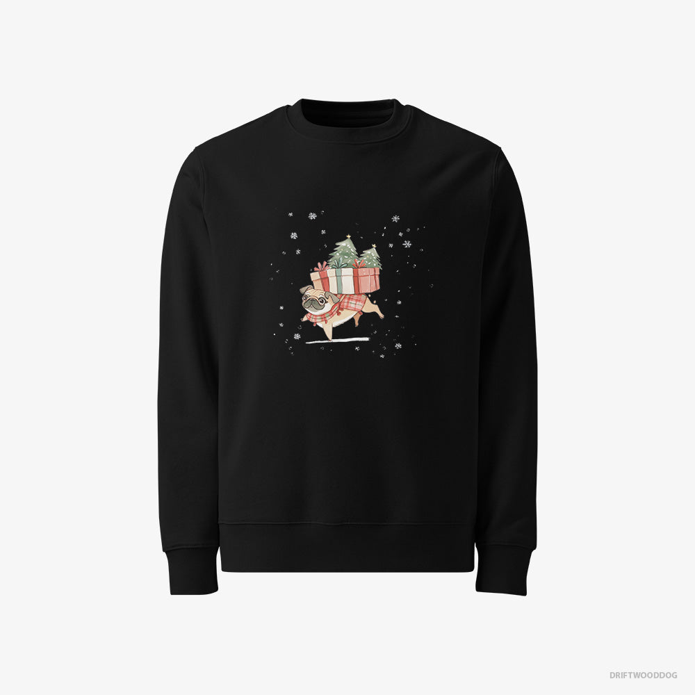 Pug Sweatshirt – Men Black Sweatshirt Classic – Joyfully Carrying Presents for Christmas (on White Background)