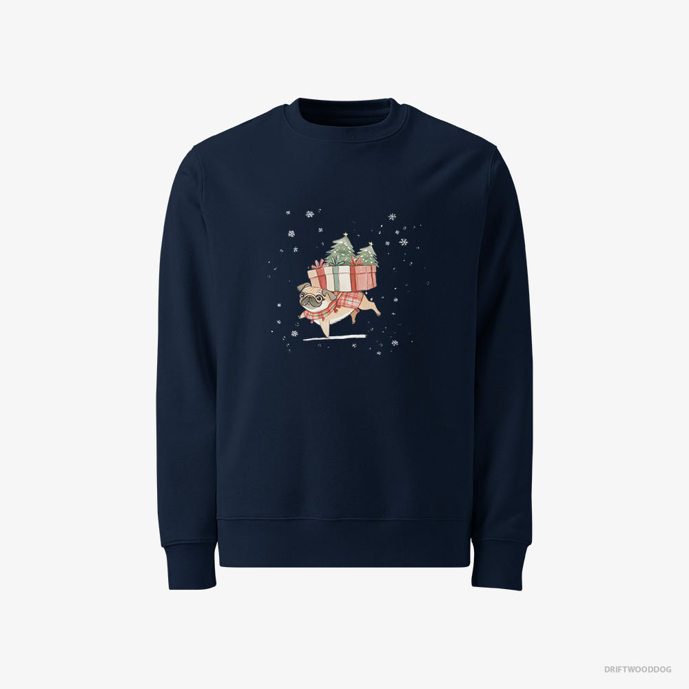 Pug Sweatshirt – Men Navy Sweatshirt Classic – Joyfully Carrying Presents for Christmas (on White Background)