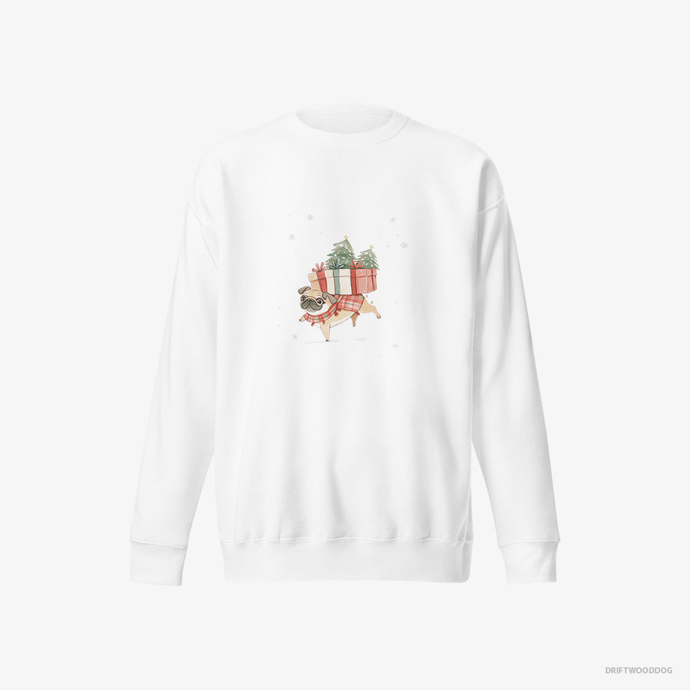 Pug Sweatshirt – Men White Sweatshirt Eco-Friendly – Joyfully Carrying Presents for Christmas (on White Background)