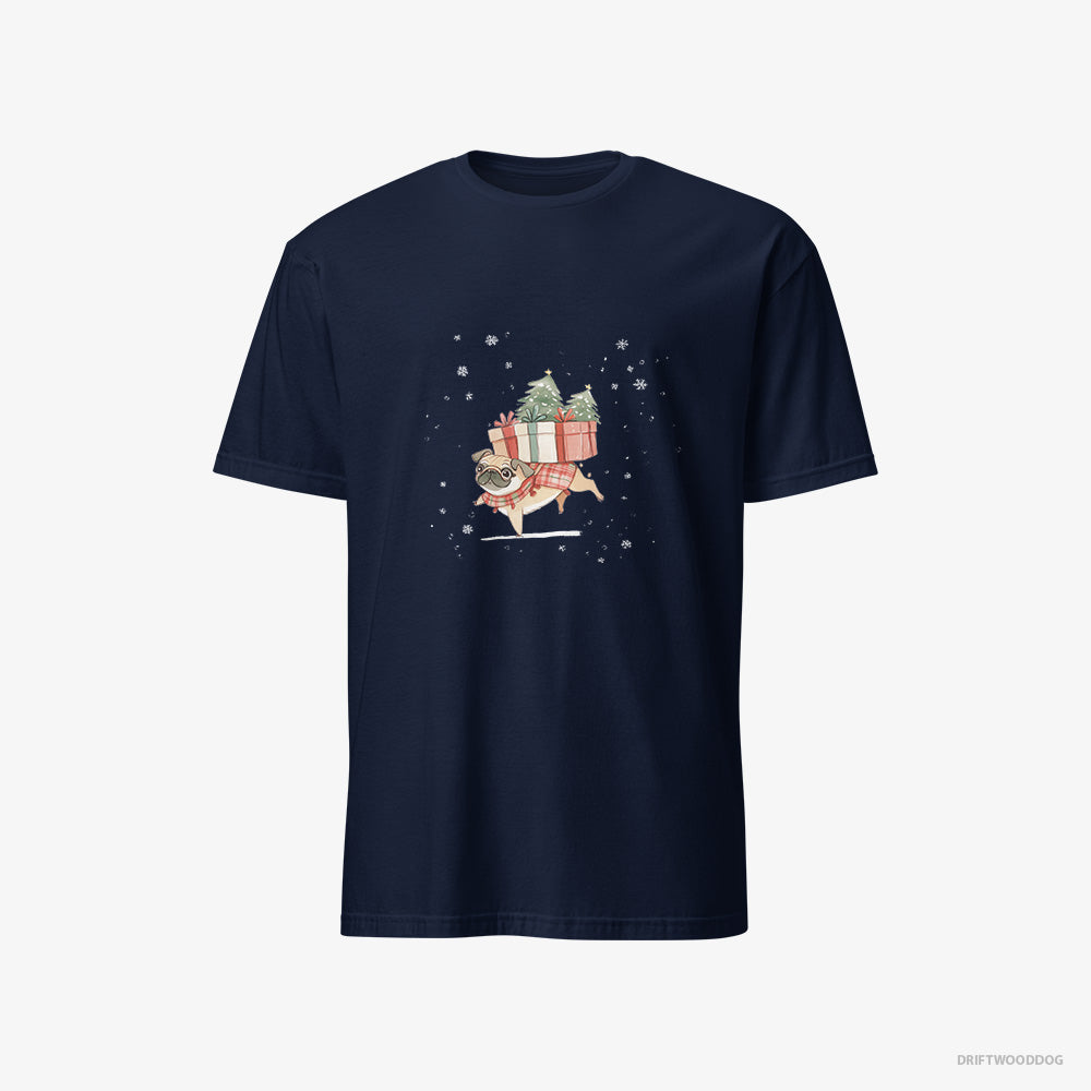 Pug T-Shirt – Men Navy T-Shirt Classic – Joyfully Carrying Presents for Christmas (on White Background)