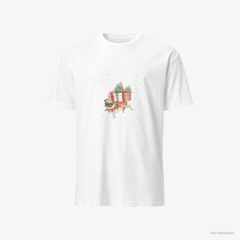 Pug T-Shirt – Men White T-Shirt Classic – Joyfully Carrying Presents for Christmas (on White Background)