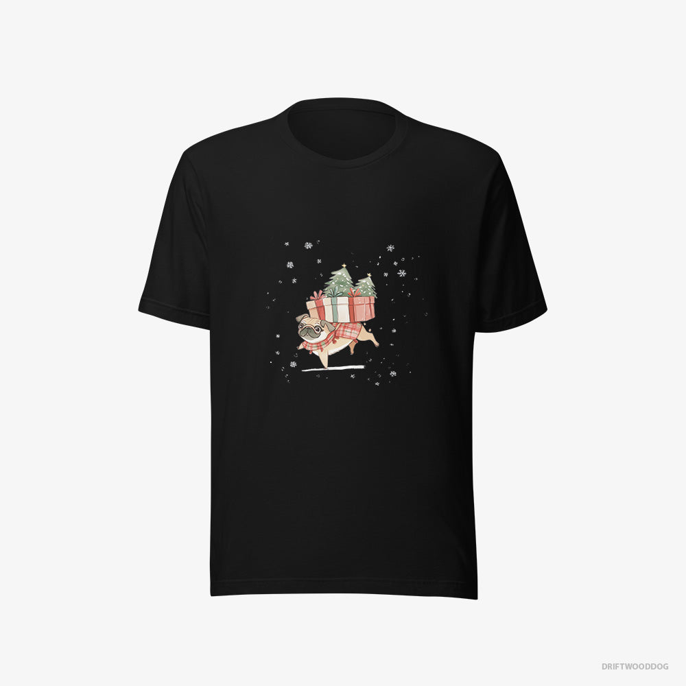 Pug T-Shirt – Men Black T-Shirt Eco-Friendly – Joyfully Carrying Presents for Christmas (on White Background)