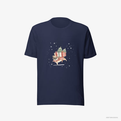 Pug T-Shirt – Men Navy T-Shirt Eco-Friendly – Joyfully Carrying Presents for Christmas (on White Background)