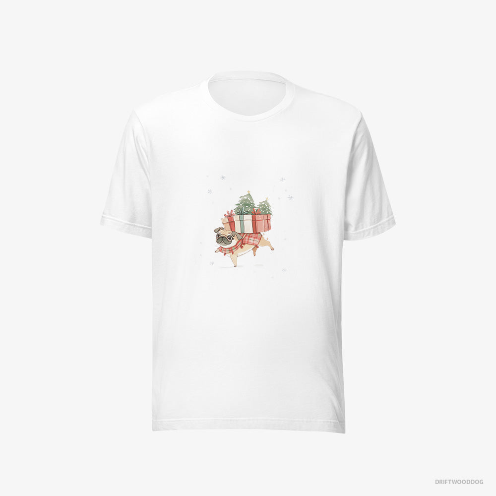 Pug T-Shirt – Men White T-Shirt Eco-Friendly – Joyfully Carrying Presents for Christmas (on White Background)