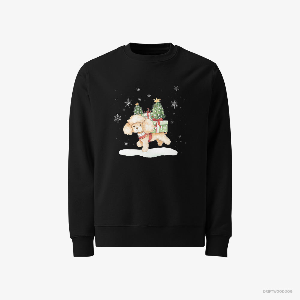 Poodle Sweatshirt – Men Black Sweatshirt Classic – Running Through Snow with Christmas Gifts (on White Background)