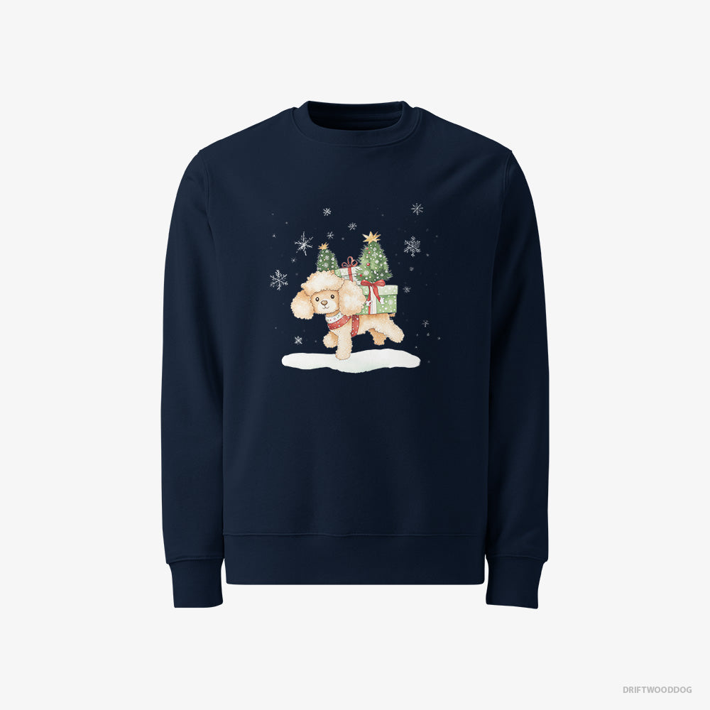 Poodle Sweatshirt – Men Navy Sweatshirt Classic – Running Through Snow with Christmas Gifts (on White Background)