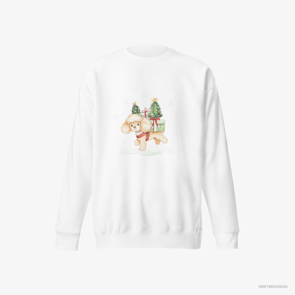 Poodle Sweatshirt – Men White Sweatshirt Eco-Friendly – Running Through Snow with Christmas Gifts (on White Background)