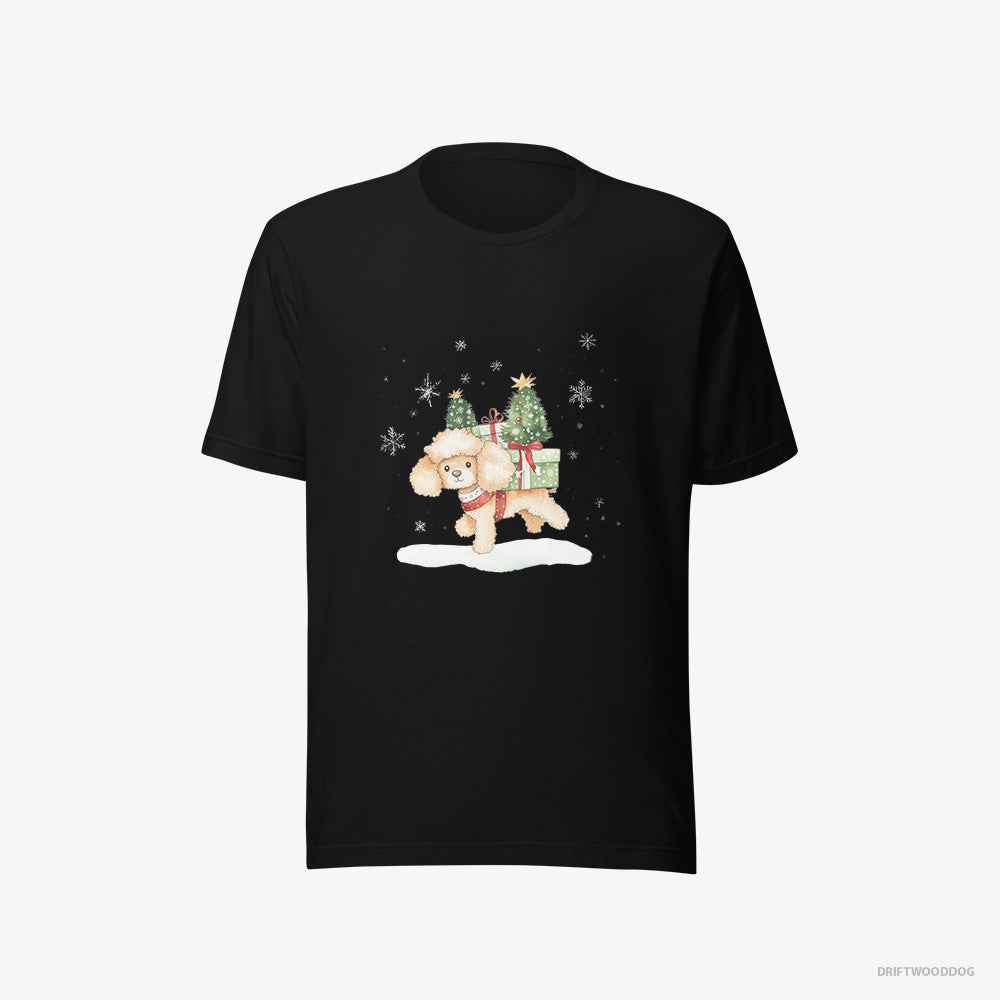 Poodle T-Shirt – Men Black T-Shirt Eco-Friendly – Running Through Snow with Christmas Gifts (on White Background)