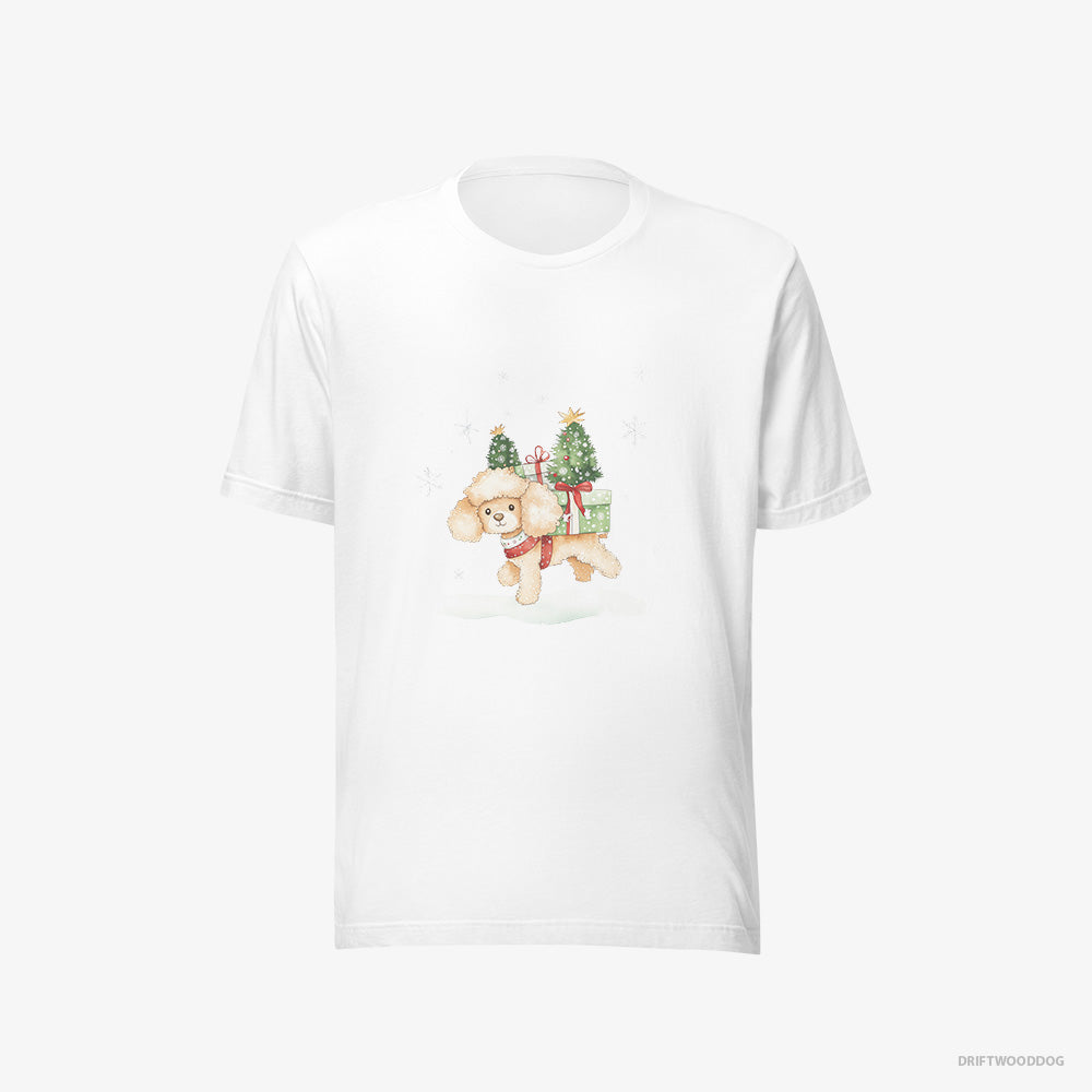 Poodle T-Shirt – Men White T-Shirt Eco-Friendly – Running Through Snow with Christmas Gifts (on White Background)