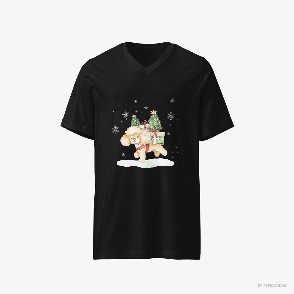 Poodle T-Shirt – Men Black T-Shirt V-Neck – Running Through Snow with Christmas Gifts (on White Background)