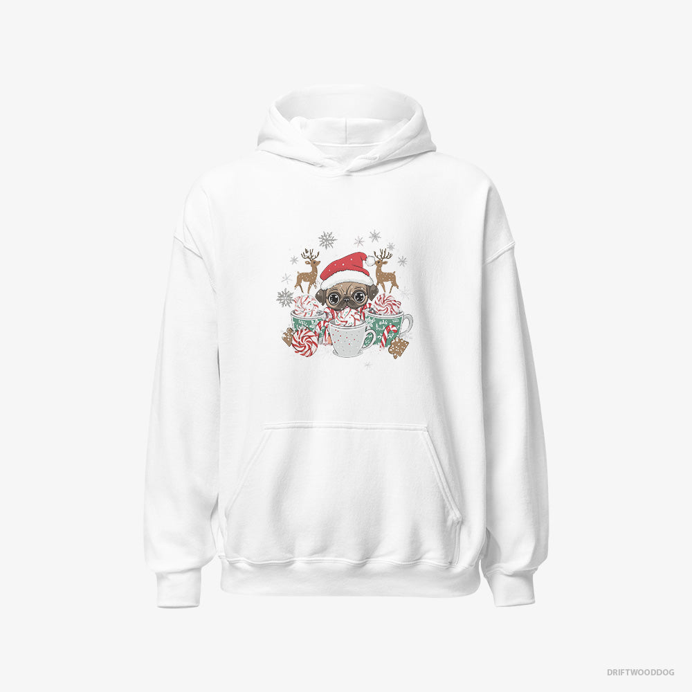 Pug Hoodie – Men White Hoodie Classic – in a Cozy Christmas Setting (on White Background)