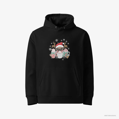 Pug Hoodie – Men Black Hoodie Eco-Friendly – in a Cozy Christmas Setting (on White Background)