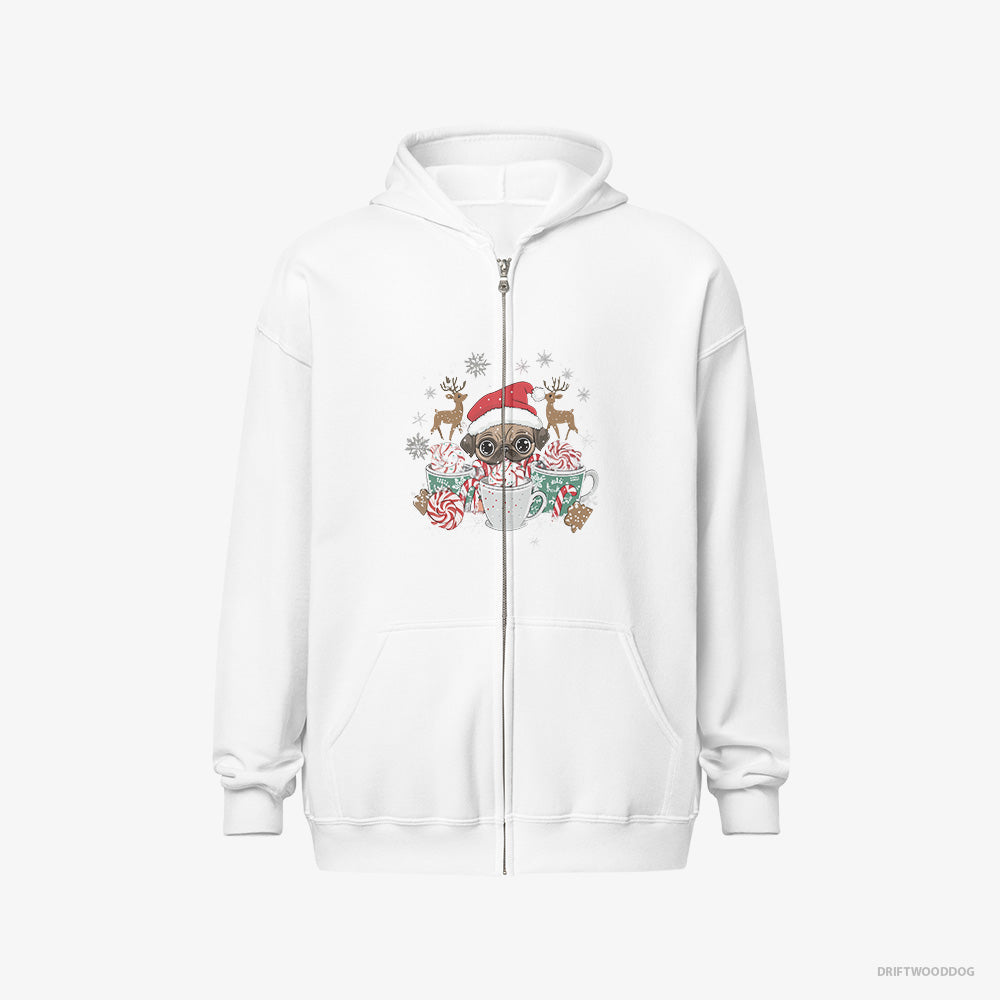 Pug Hoodie – Men White Hoodie Full-Zip – in a Cozy Christmas Setting (on White Background)