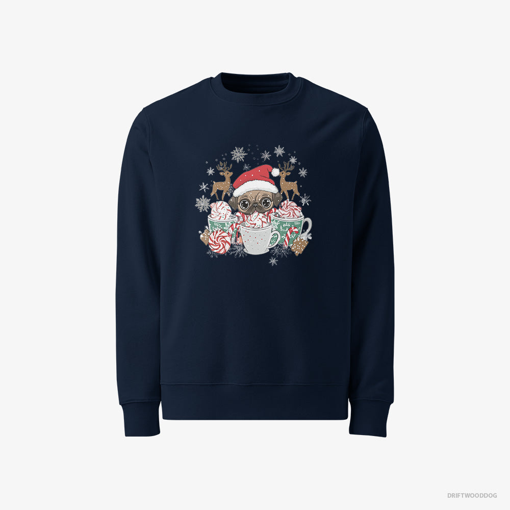 Pug Sweatshirt – Men Navy Sweatshirt Classic – in a Cozy Christmas Setting (on White Background)