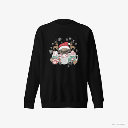 Pug Sweatshirt – Men Black Sweatshirt Eco-Friendly – in a Cozy Christmas Setting (on White Background)