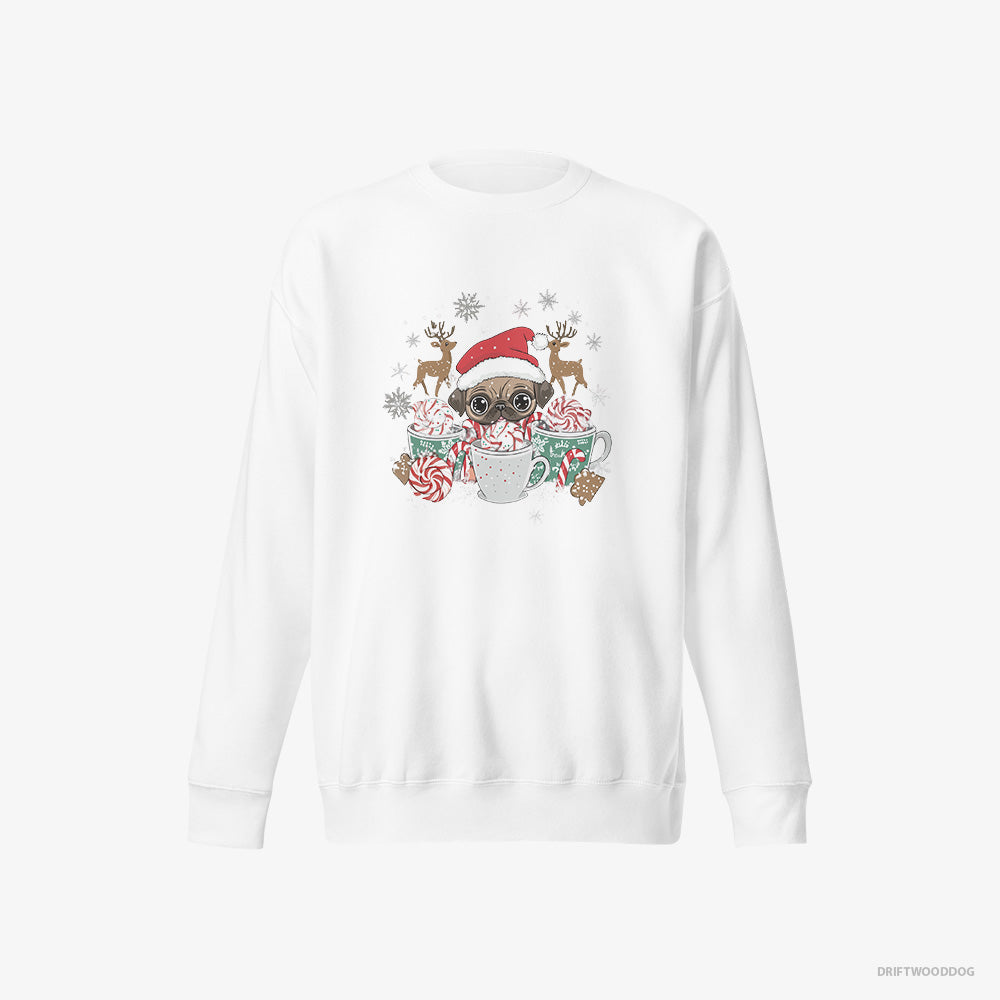 Pug Sweatshirt – Women White Sweatshirt Eco-Friendly – in a Cozy Christmas Setting (on White Background)