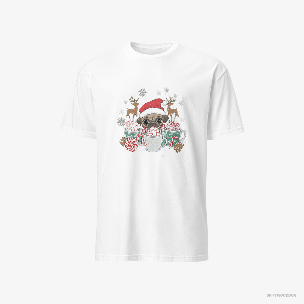 Pug T-Shirt – Men White T-Shirt Classic – in a Cozy Christmas Setting (on White Background)