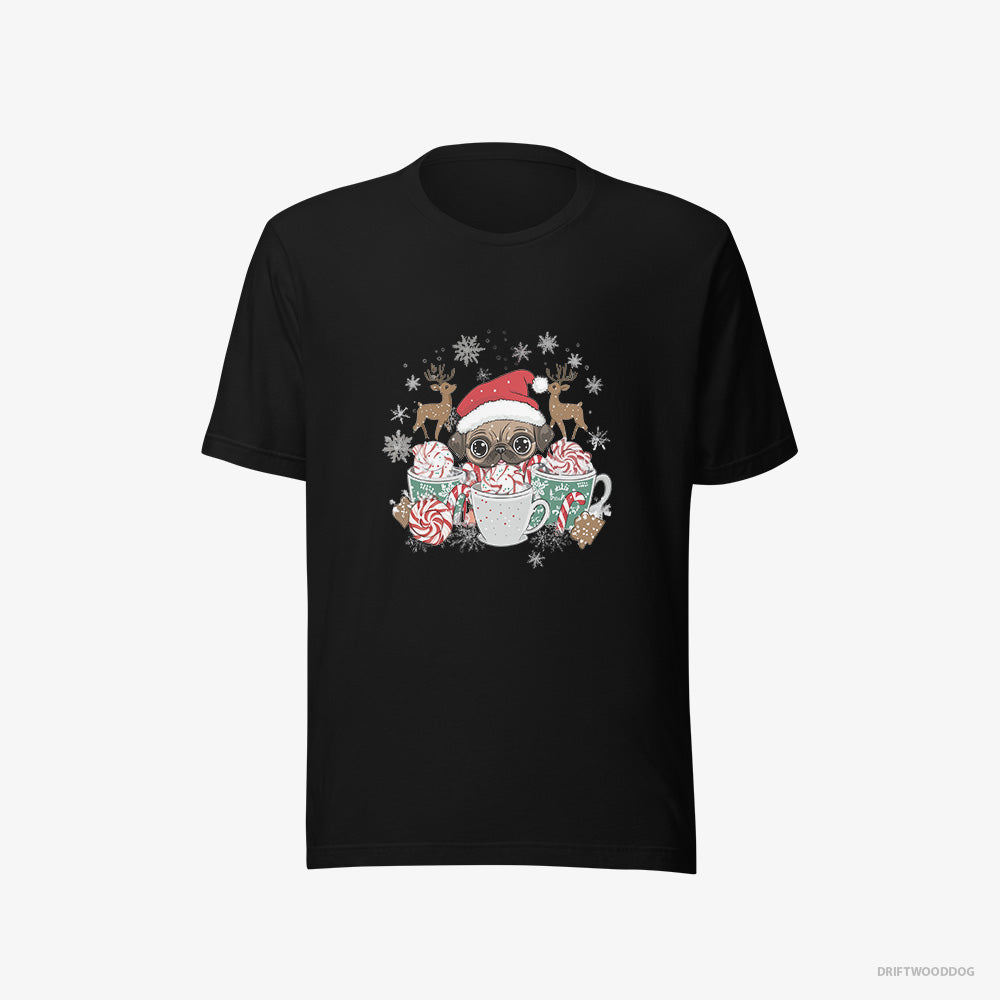 Pug T-Shirt – Men Black T-Shirt Eco-Friendly – in a Cozy Christmas Setting (on White Background)