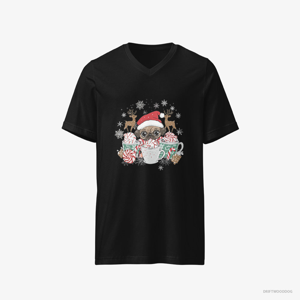 Pug T-Shirt – Men Black T-Shirt V-Neck – in a Cozy Christmas Setting (on White Background)