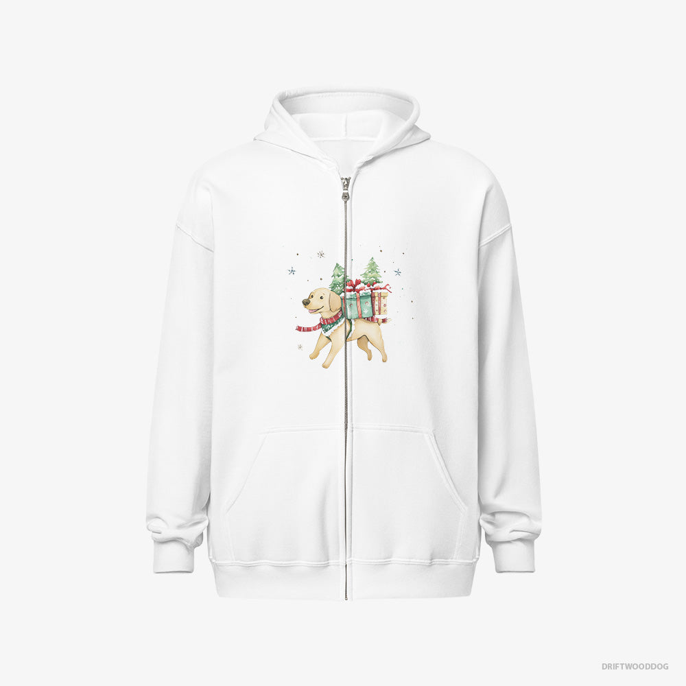 Labrador Retriever Hoodie – Men White Hoodie Full-Zip – Excitedly Carrying Holiday Gifts (on White Background)