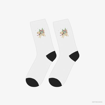 Labrador Retriever Socks – Unisex White Socks Classic – Excitedly Carrying Holiday Gifts (on White Background)