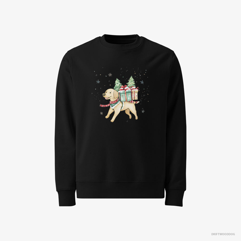 Labrador Retriever Sweatshirt – Women Black Sweatshirt Classic – Excitedly Carrying Holiday Gifts (on White Background)