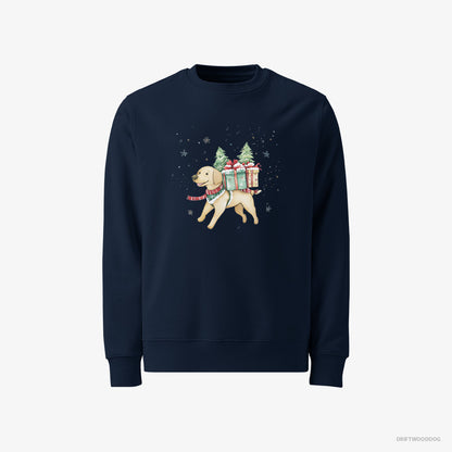 Labrador Retriever Sweatshirt – Men Navy Sweatshirt Classic – Excitedly Carrying Holiday Gifts (on White Background)