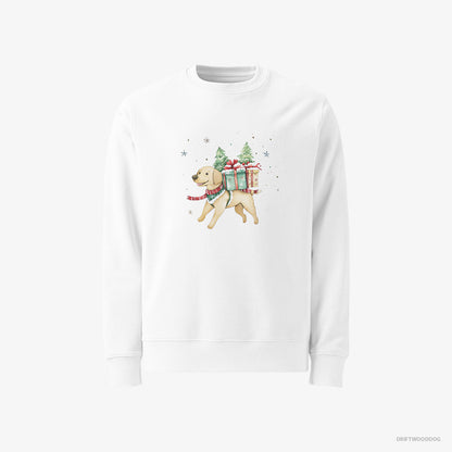 Labrador Retriever Excitedly Carrying Holiday Gifts White Sweatshirt