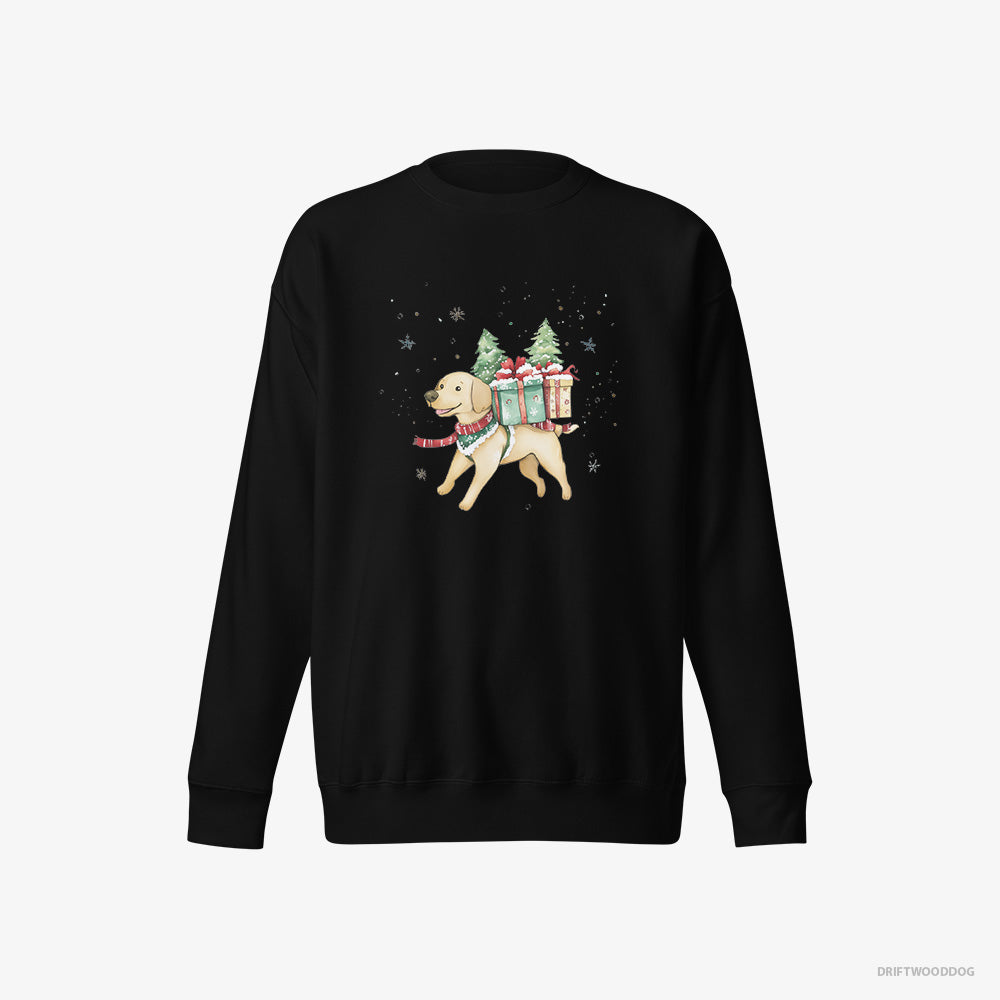 Labrador Retriever Sweatshirt – Women Black Sweatshirt Eco-Friendly – Excitedly Carrying Holiday Gifts (on White Background)