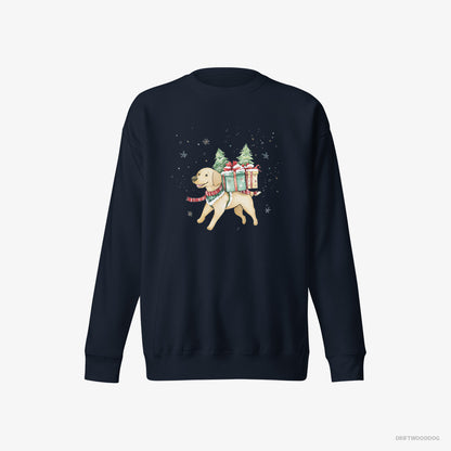 Labrador Retriever Excitedly Carrying Holiday Gifts Navy Sweatshirt