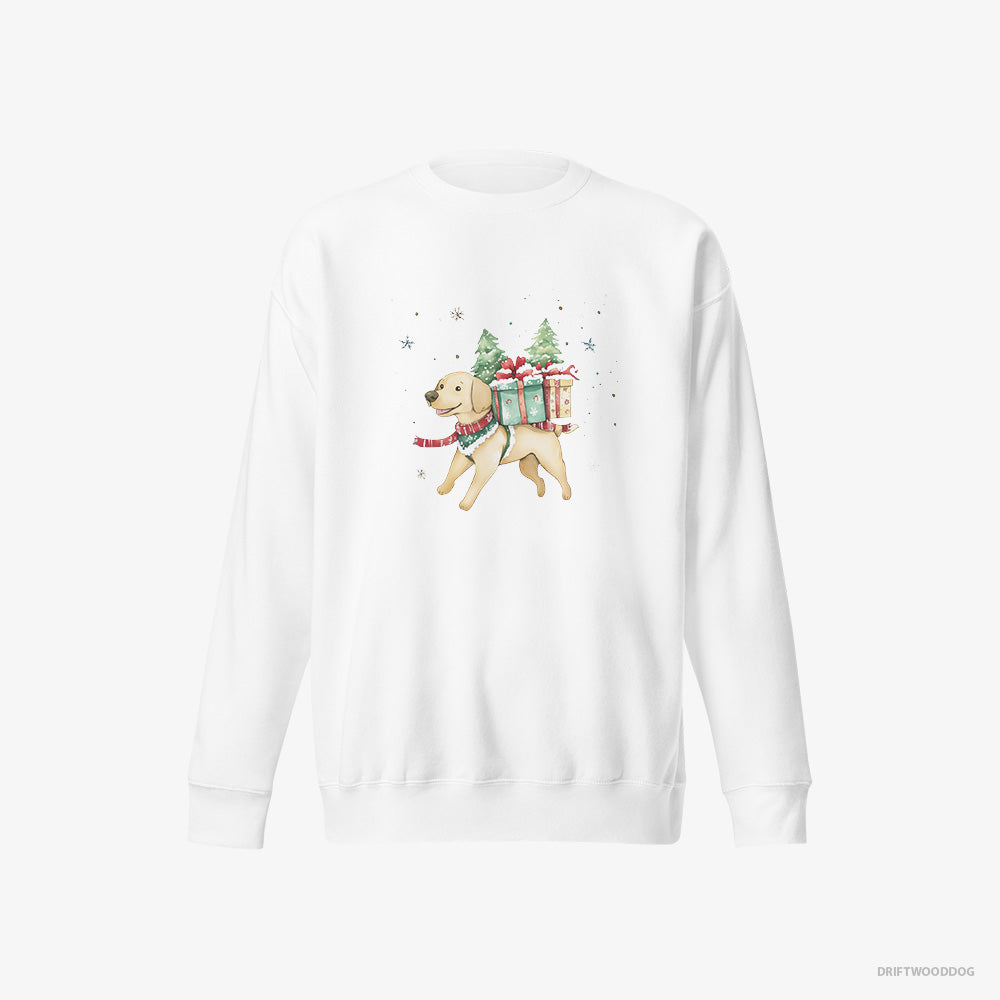 Labrador Retriever Sweatshirt – Women White Sweatshirt Eco-Friendly – Excitedly Carrying Holiday Gifts (on White Background)