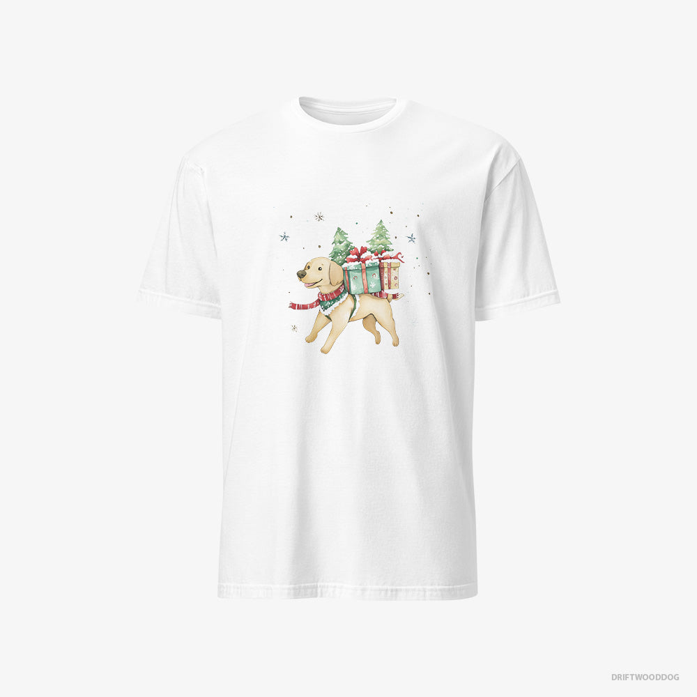 Labrador Retriever T-Shirt – Men White T-Shirt Classic – Excitedly Carrying Holiday Gifts (on White Background)