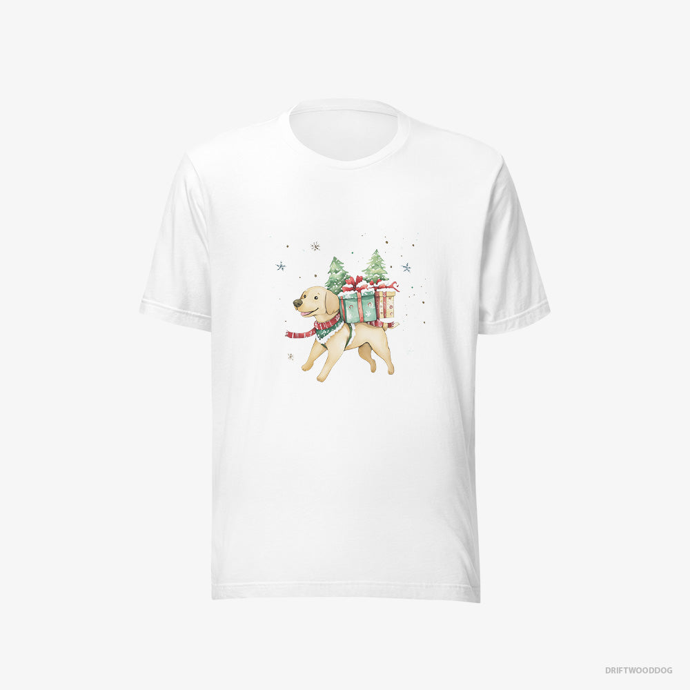 Labrador Retriever T-Shirt – Men White T-Shirt Eco-Friendly – Excitedly Carrying Holiday Gifts (on White Background)