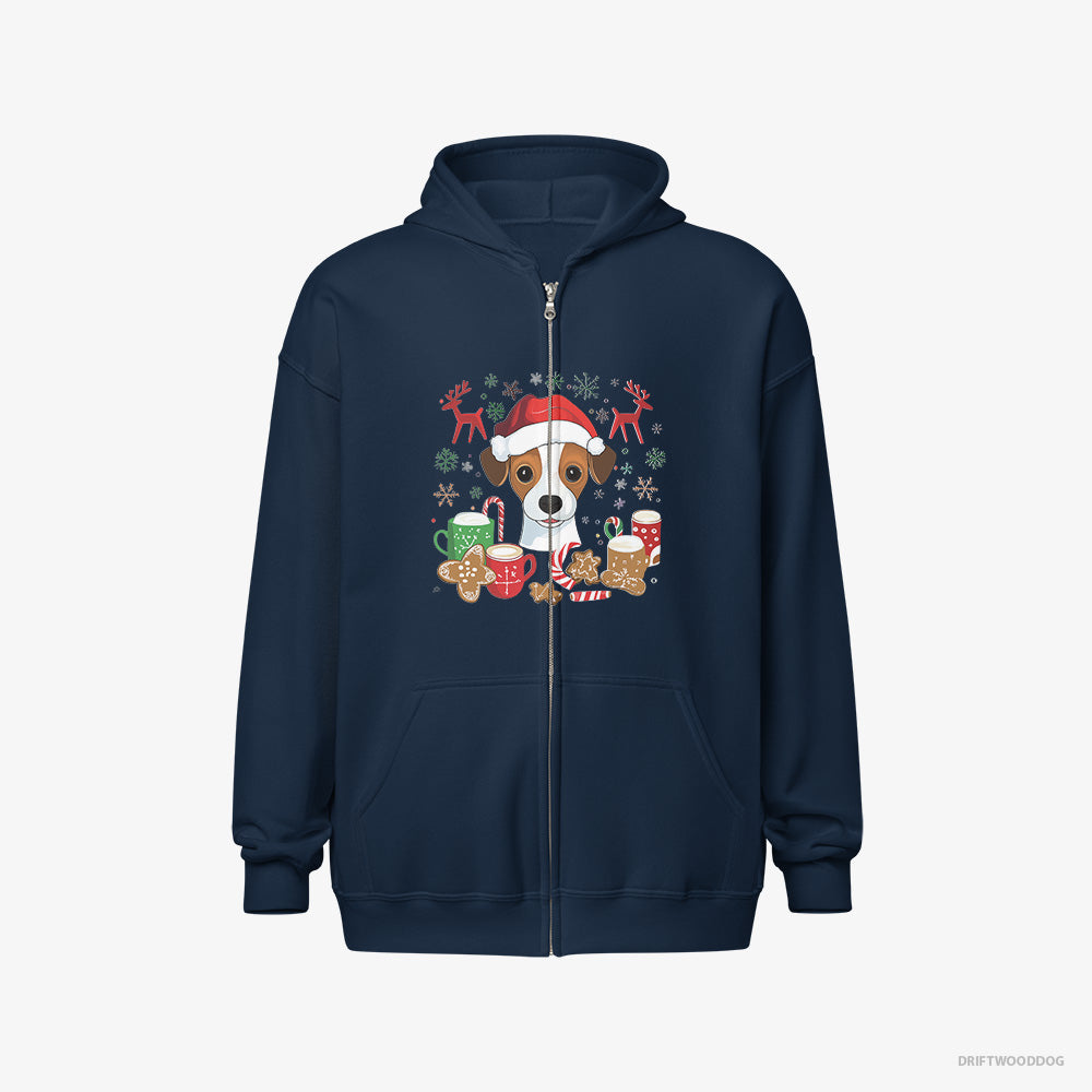 Jack Russell Terrier Hoodie – Men Navy Hoodie Full-Zip – in a Joyous Christmas Vibe (on White Background)