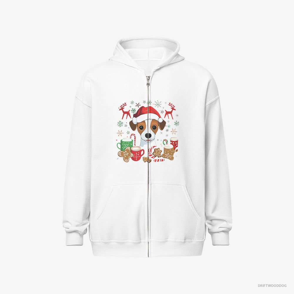 Jack Russell Terrier Hoodie – Men White Hoodie Full-Zip – in a Joyous Christmas Vibe (on White Background)