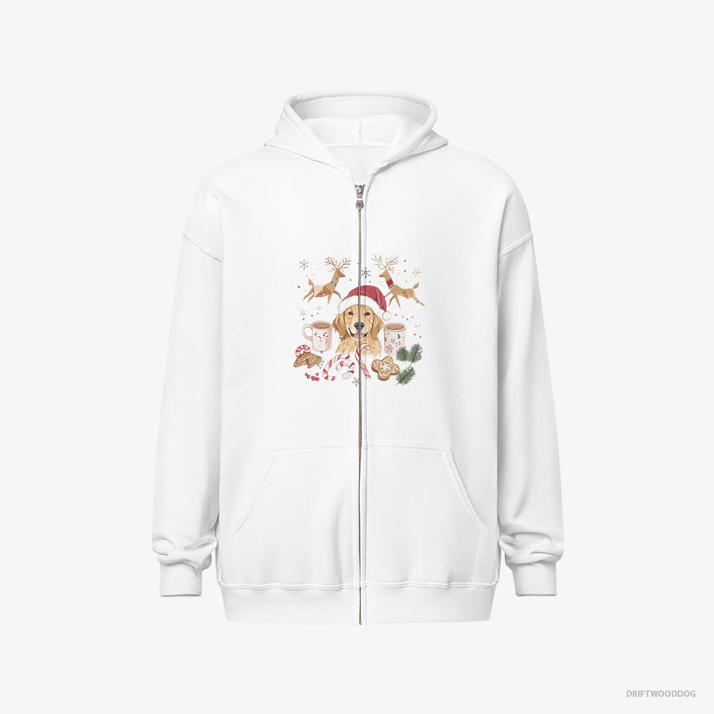 Golden Retriever Hoodie – Men White Hoodie Full-Zip – Surrounded by Christmas Cheer (on White Background)