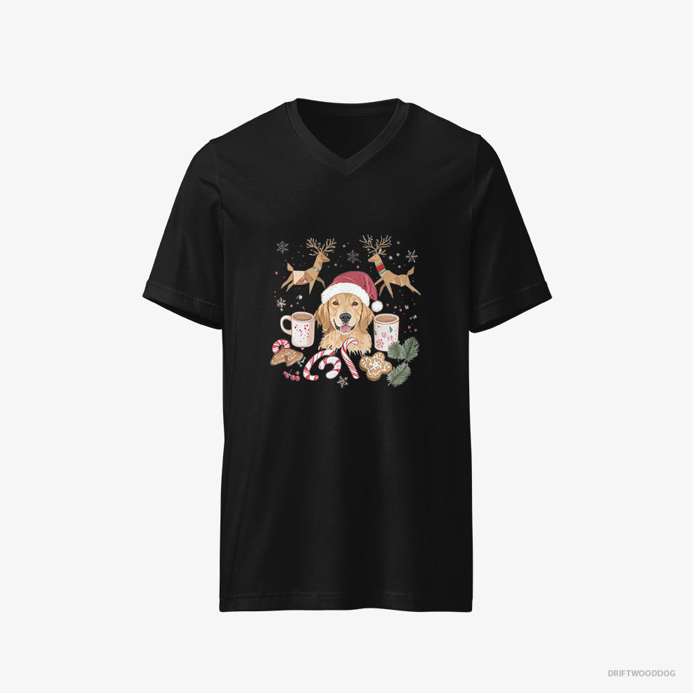 Golden Retriever T-Shirt – Men Black T-Shirt V-Neck – Surrounded by Christmas Cheer (on White Background)