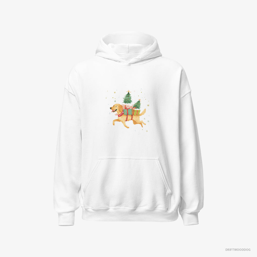 Golden Retriever Hoodie – Men White Hoodie Classic – with Christmas Gifts on Its Back (on White Background)