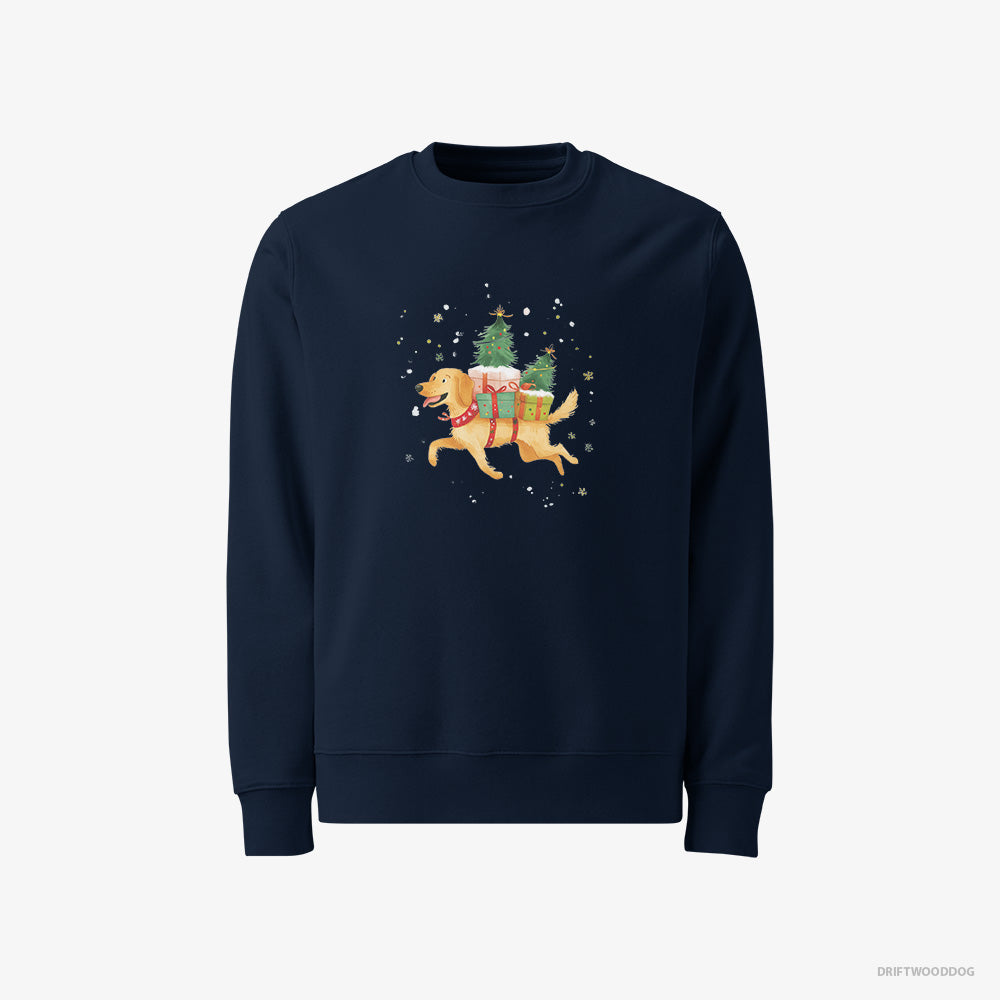 Golden Retriever Sweatshirt – Men Navy Sweatshirt Classic – with Christmas Gifts on Its Back (on White Background)