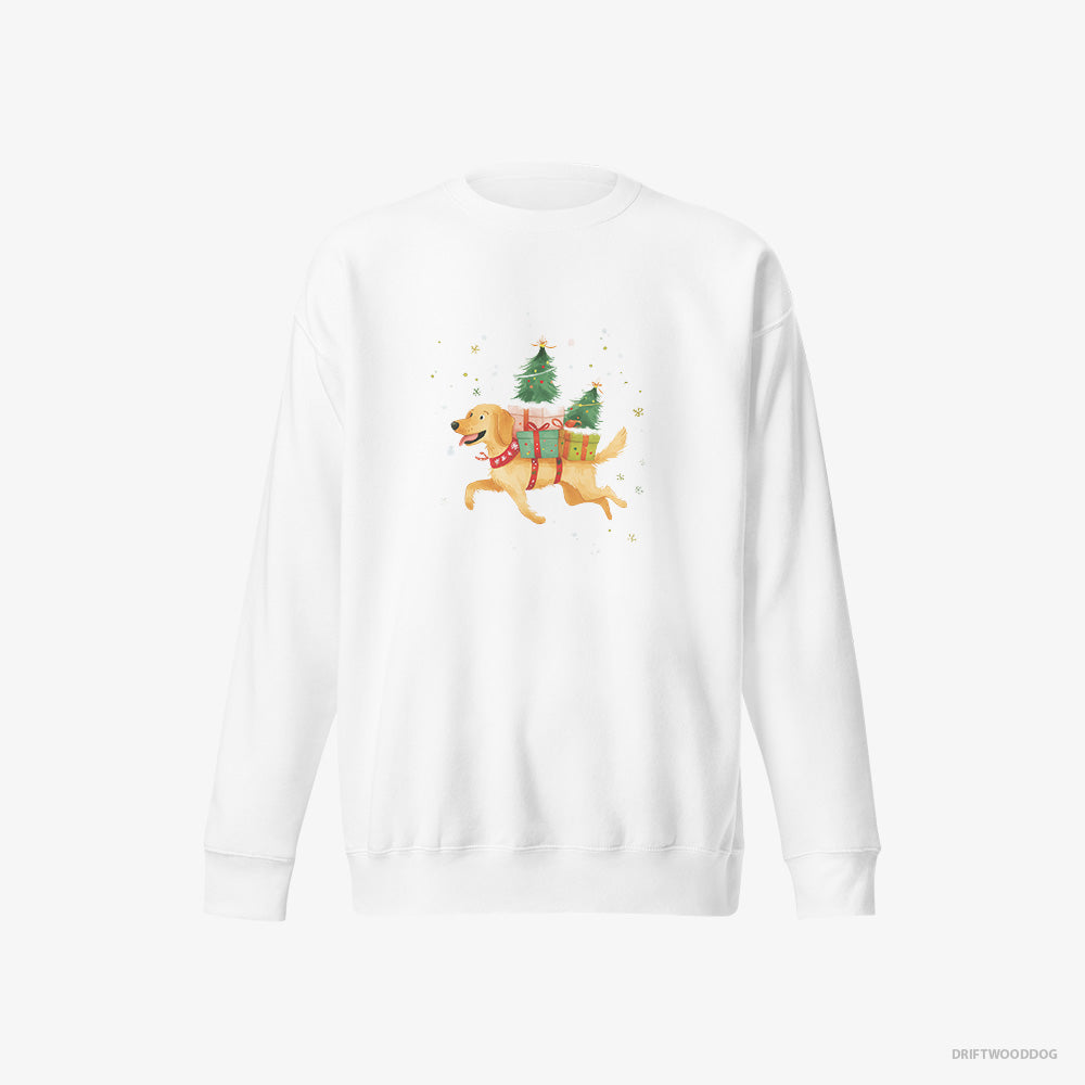 Golden Retriever Sweatshirt – Men White Sweatshirt Eco-Friendly – with Christmas Gifts on Its Back (on White Background)