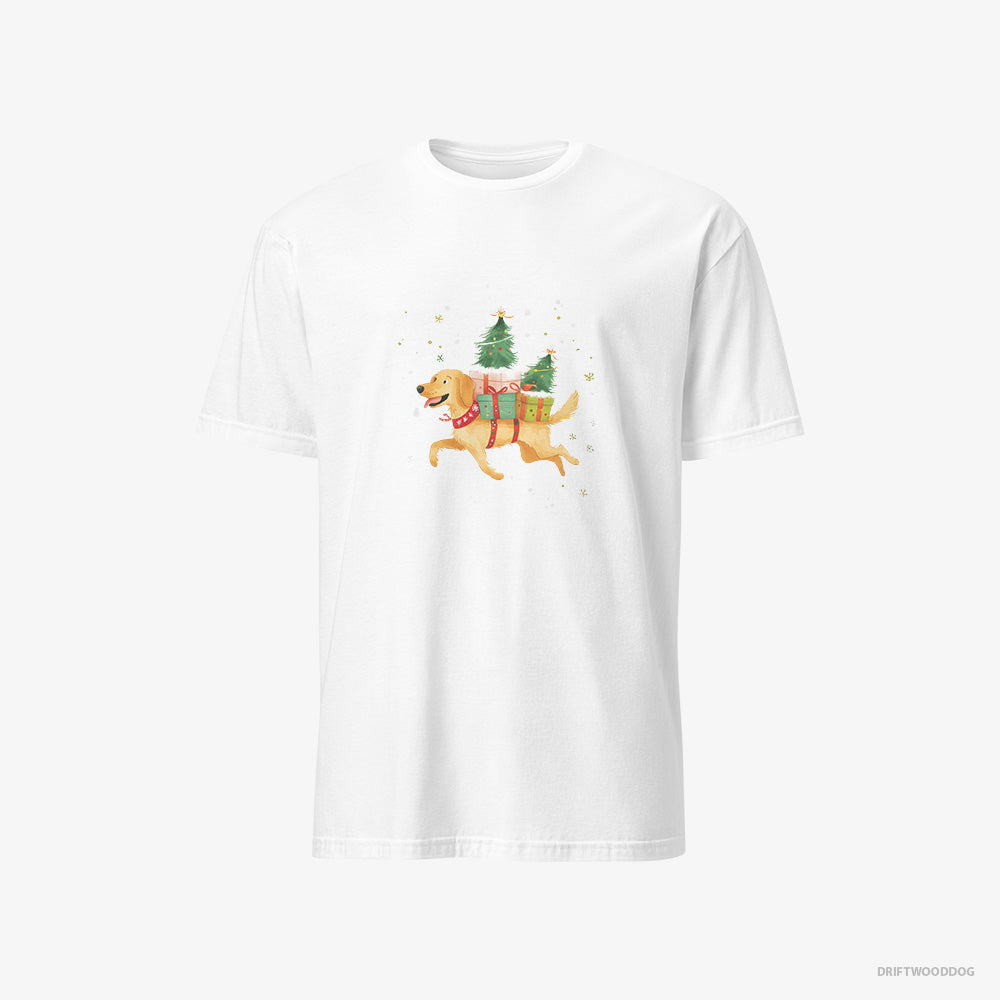 Golden Retriever T-Shirt – Men White T-Shirt Classic – with Christmas Gifts on Its Back (on White Background)