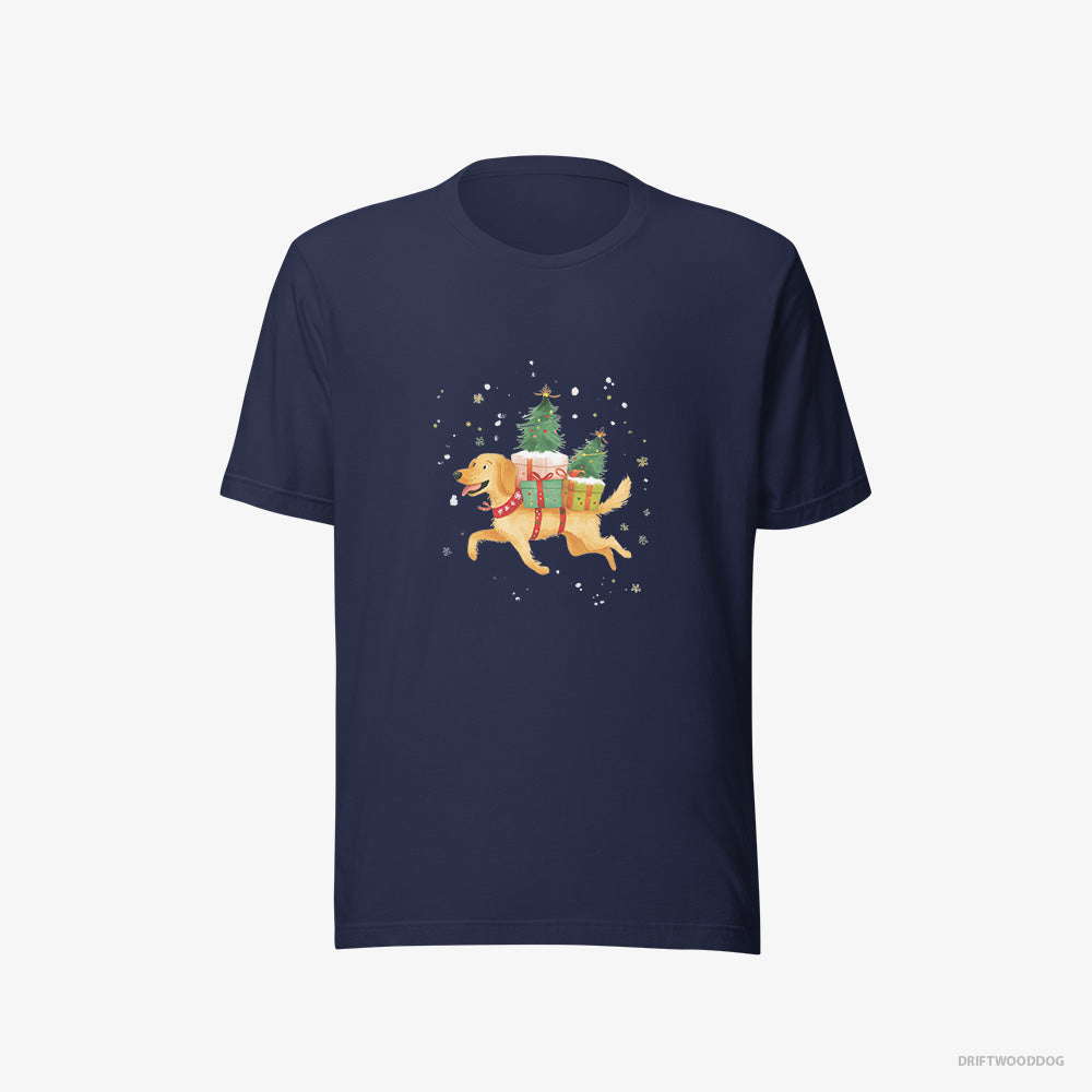 Golden Retriever T-Shirt – Women Navy T-Shirt Eco-Friendly – with Christmas Gifts on Its Back (on White Background)