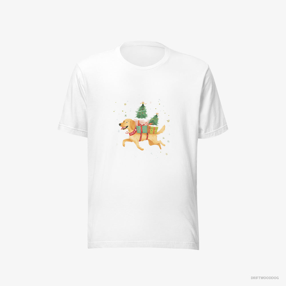 Golden Retriever T-Shirt – Women White T-Shirt Eco-Friendly – with Christmas Gifts on Its Back (on White Background)