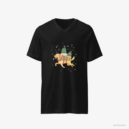 Golden Retriever T-Shirt – Men Black T-Shirt V-Neck – with Christmas Gifts on Its Back (on White Background)